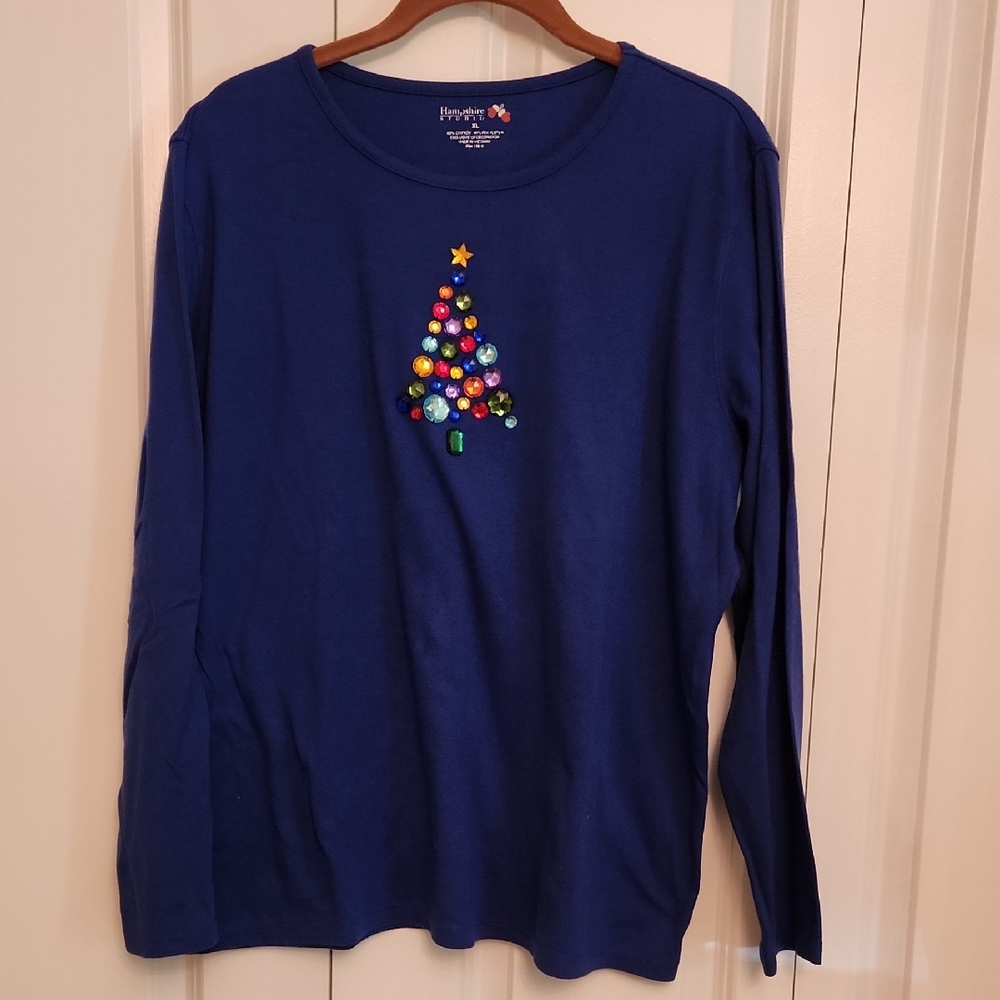 Hampshire Studio Festive Royal Blue Long Sleeve Tee with Tree Design